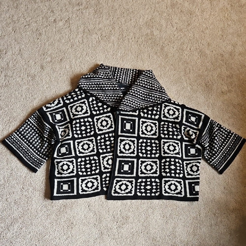 Anthropologie Black and Cream Patterned Cardigan